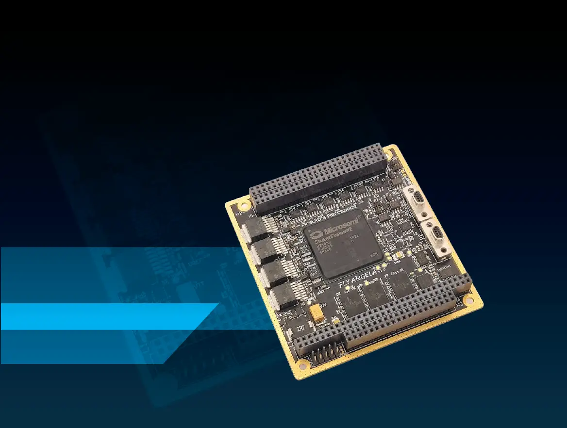 FlyAngela CubeSat onboard computer board with a SmartFusion2 device and stack connectors.